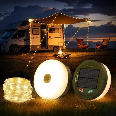 Image de Guirlande lumineuse LED 4-en-1 pour l'extérieur, étanche, 10 mètres, 9 modes d'éclairage, portable, rechargeable, lampe de camping USB pour le camping et la randonnée.