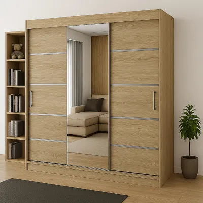 Zdjęcie produktu dla Szafa 3-drzwiowa przesuwna RIO-3 180x215cm kolor dąb sonoma z ozdobnymi listwami – lustro na froncie, w zestawie półki, drążki, trwałość i styl