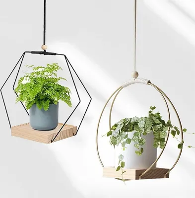 Produktbild von 2er Hängendes Blumentopf Regal mit Innen-Hängenden Pflanzenaufhänger, Balkon-Dekoration, Pflanzen, Wohnzimmer,Blumenampel(Sechseck*schwarz+rund*gold)