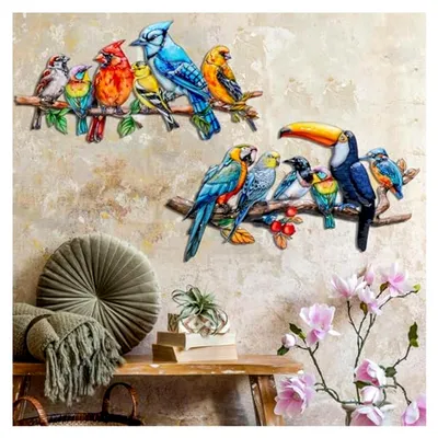 Produktbild von 2 Stück Metall Vögel Wandkunst Dekoration Vogel auf Zweig, 3D bunte Vögel für Außenbereich, hängende Wandkunst für Garten und Patio