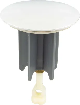 A white and gray drain stopper with a beige screw mechanism.