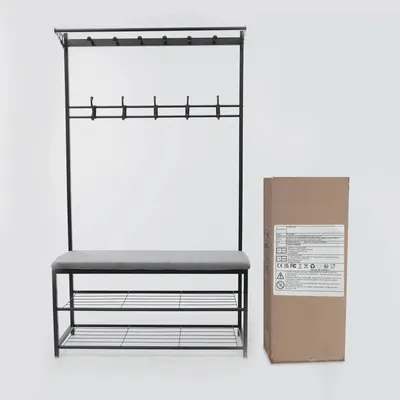 Produktbild von Flurgarderobe mit Schuhbank - Garderobenständer/Schuhregal - 100 cm Breite - 6 Haken - 2-stöckiges Schuhregal - Sitzbank mit 4 cm Polster - Tragkraft 100 kg - Metallrahmen - Hellgrau
