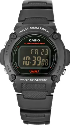 A black Casio digital watch is shown against a white background.