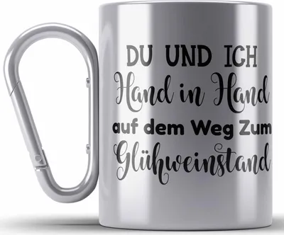 Produktbild von Trendation - Glühwein Edelstahl Tasse Karabiner Lustig Spruch Glühweinbecher mit Henkel Doppelwandig GlühweinEdelstahl Tasse Karabinern Gläser Weihnachtsmarkt Becher Edelstahl Tasse Karabinern Geschenk - Du Und Ich (Silber)