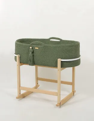 Produktbild von Handgefertigte Wiege, Schaukelwiege, antibakterielle Matratze – Boho-Stil – Pistazienbaumwolle