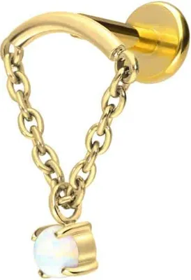 Produktbild von Ohrpiercing, Nasenpiercing Titan Labret mit Push Fit BOGEN + KETTE + SYNTHETISCHER OPAL Gold Stablänge: 8mm | Stabstärke: 1,2mm