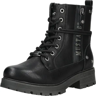 A black lace-up boot with a thick sole, shown from the front-side.