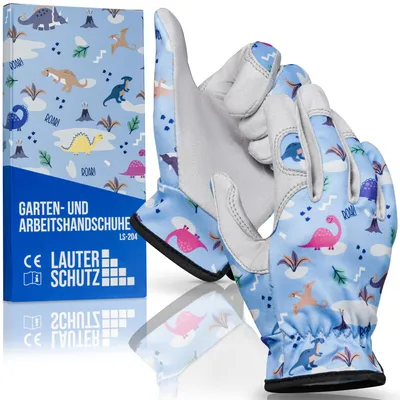 Obrázok produktu pre LAUTER SCHUTZ® – Ochranné rukavice pre deti: Kvalitné pracovné rukavice (z pružného polyesteru a umelého materiálu) s protišmykovým povrchom z umelého materiálu, vhodné na záhradnícke práce a ďalšie činnosti (veľkosť S, vzor dinosaurov)