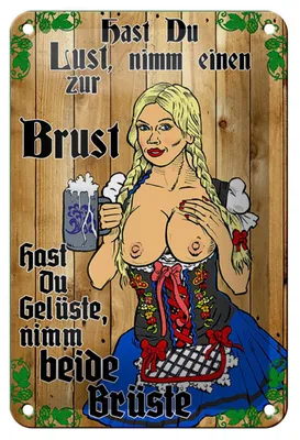 Produktbild von Blechschild Pinup 12x18cm Nimm einen zur Brust Bier