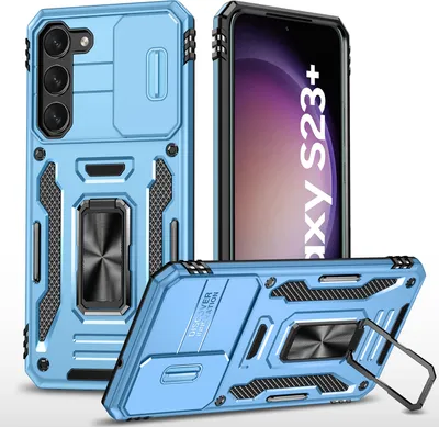 Produktbild von Galaxy S23+ Hülle, Schiebe Kamera Schutz und Ringhalter Ständer Dual Layer Stoßfest Schutzhülle für Samsung Galaxy S23+