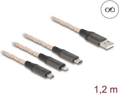 Produktbild von DeLOCK USB RGB Ladekabel 3 in 1 Typ-A zu Lightning / Micro USB / USB Type-C 1,20 m, 1,2 m, USB A, USB C/Micro-USB B/Lightning, USB 2.0, Transparent