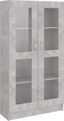 A modern, tall, gray cabinet with glass doors and shelves.