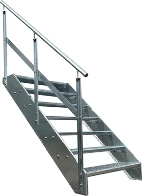 A metal staircase with a handrail against a white background.