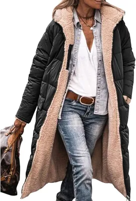 Produktbild von ASKSA Damen Lang Daunenmantel Warm Fleece Reversibel Winterjacke Kapuze Fleecejacke Daunenjacke Mantel, Schwarz, XL