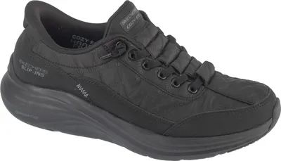 A black Skechers slip-on shoe is shown from a side angle against a white background.