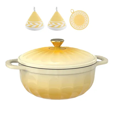 Produktbild von Gusseisentopf (4,7 l), Blütenblattförmig,inklusive Handschuhen und hitzebeständiger Unterlage, geeignet zum Backen in der Küche Gelb