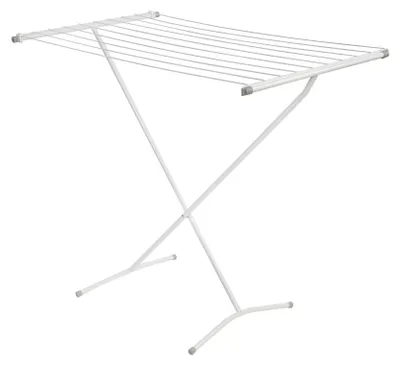 A white metal drying rack with multiple lines for hanging clothes.