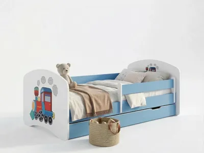 Image de Lit d'enfant 140 x 70 cm bleu avec matelas et tiroir | Ensemble complet avec barrière de sécurité | Lit robuste pour la chambre d'enfant