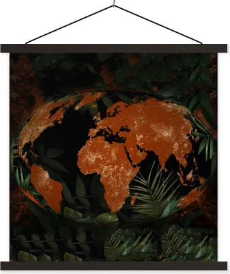 Produktbild von MuchoWow® Textilposter Weltkarte - Pflanzen - Rot 90x90 cm mit schwarzem Rahmen - Magnetisches
