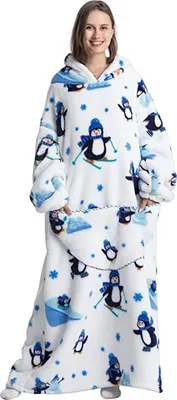 Obrázek produktu pro ASKSA Nadměrná deka s kapucí, nositelná deka ze sherpa fleecu, Tučňák
