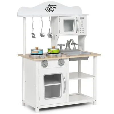 Produktbild von COSTWAY Kinderküche Holz, Kinder Spielküche mit Zubehör, Spielzeugküche Holzküche mit Spüle Backofen Mikrowelle & Herd, Küche-Set Weiß