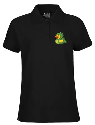 Produktbild von Huuraa Damen Polo Shirt Quietscheente Dinosaurier Gummiente Gärtnerin XXL Black Bio Baumwolle Fairtrade Poloshirt Geschenkidee