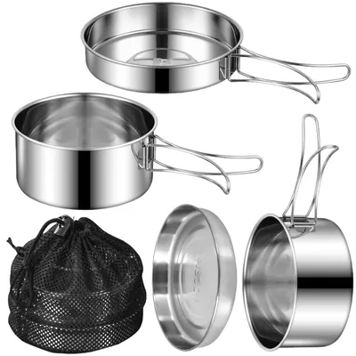 Image de Ensemble de vaisselle de camping, comprenant une casserole et une poêle en acier inoxydable, portable et pliable