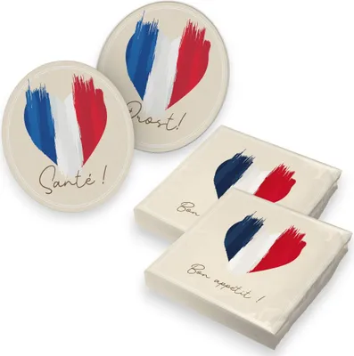 Produktbild von itenga 40x Servietten mit 40x Bierdeckel - Frankreich - Flagge - Herz
