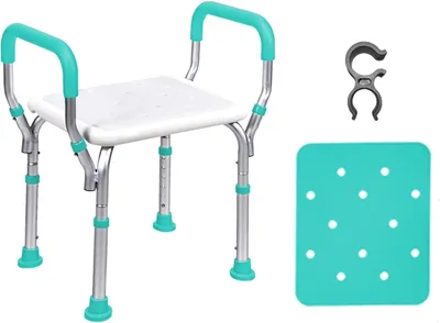 Obrázok produktu pre Kúpelňová stolička s nastaviteľnou výškou – pomôcka do kúpeľne – bezpečné sprchovanie – s opierkami – maximálna nosnosť 150 kg – biela