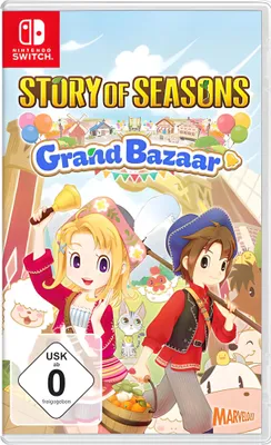 The image shows the game box art for Story of Seasons: Grand Bazaar on Nintendo Switch, featuring cartoon characters and farm-themed elements.