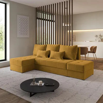 Produktbild von Masseno Ecksofa NORVI mit Schlaffunktion L-Form, Sofa mit Bettkasten, Wohnzimmersofa, Couch, Soffa, Bettsofa, Couchgarnitur- Gelb, KRONOS 01