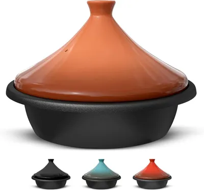 Zdjęcie produktu dla Tajin z żeliwa – garnek do duszenia – do aromatycznego gotowania – stożkowy pokrywka – 33 litry – terakota