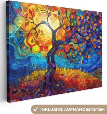 Zdjęcie produktu dla MuchoWow® - Obraz na płótnie - Drzewo - Słońce - Malarstwo - Kolory - Abstrakcja, Fototapeta, Dekoracja ścienna do salonu, 40x30cm