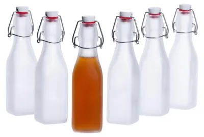 Produktbild von 6er-Set Vierkant-Bügelflaschen Swing 250ml Frozen-Glas Verpackung Essig Öl Milch transluzent