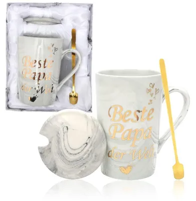 Produktbild von Kaffeetasse Keramik 400ml "Bester Papa" mit Deckel & Löffel Geschenkset