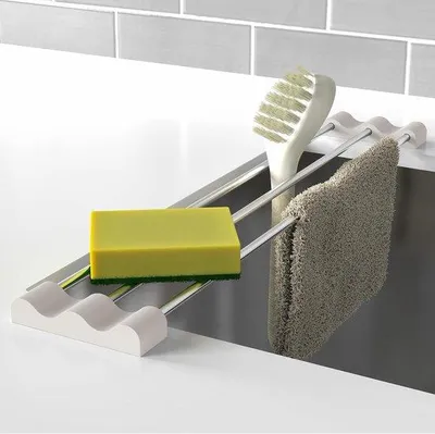 Produktbild von Ablage für die Küche über der Spüle – Abtropfgestell mit Geschirrtuchhalter – Küchenorganisation – Ausziehbarer Edelstahl – 30-55 cm – Weiß