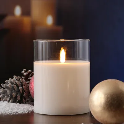 Produktbild von LED Kerze im Glas - Windlicht - Echtwachs - flackernde 3D Flamme - Timer - H: 12,5cm - D: 10cm