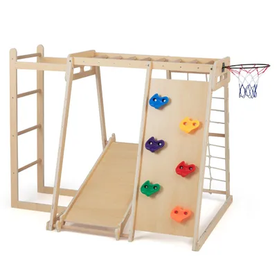 A wooden indoor playground structure with various activities for children.
