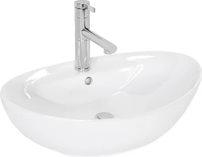A white ceramic oval basin with a chrome faucet, shown from a diagonal angle against a white background.