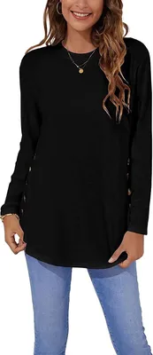 Image de ASKSA Femme Chemise à manches longues Col rond Boutons Manches longues Unicolore Tunique à manches longues Hauts décontractés, Noir, M