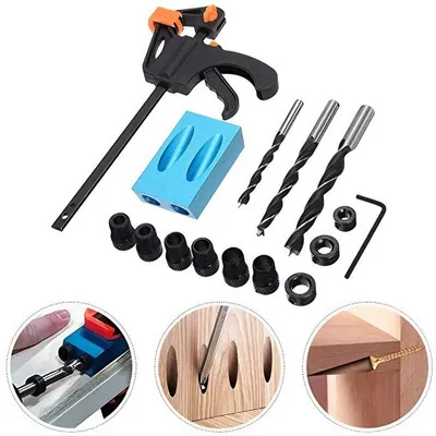 Produktbild von Taschenlochbohrlehre – 15-teiliges Set – Doppelte Taschenlochbohrlehre-15-Grad-Winkel-Aluminiumlegierung und Kohlenstoffstahl-Mit 6/8/10-mm-Adaptern