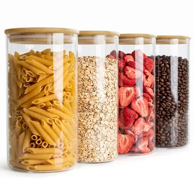 Image de Bocaux de conservation, ensemble de 4 pièces, 1200 ml. Bocaux en verre avec couvercle hermétique, bocaux de conservation en verre avec couvercle en bois, bocaux de rangement pour la cuisine