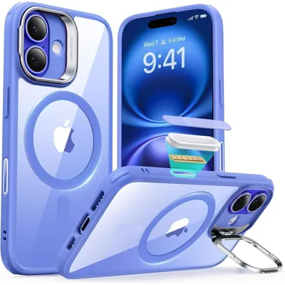 Image de Coque de protection pour iPhone 16, compatible MagSafe et avec support intégré, couleur bleu transparent