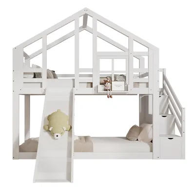 Produktbild von Kinderbett Etagenbett,Hausbett Baumhaus mit Schublade und Rausfallschutz,hochbett mit Rutsche,2x Lattenrost- 2 Schlafplätze