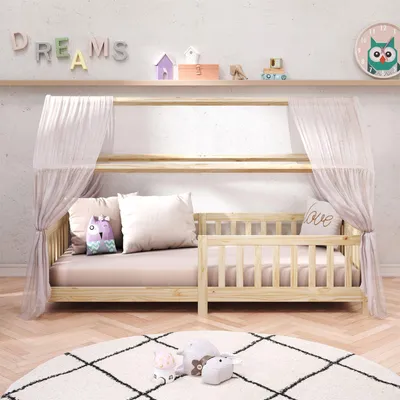 Produktbild von Hausbett NINA aus massiver Kiefer, schönes Montessori Bett in 90 x 200, minimalistisches Kinderbett mit Dach natur