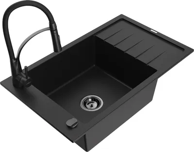 Produktbild von Mexen Elias 1 Becken-Granitspüle mit Abtropffläche und Mischbatterie Aster, Schwarz - 6511-77-73450-70-B