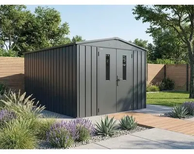 Produktbild von Gartenhaus Konsta Premium Satteldachhaus 8,5 m² 284 x 300 cm metallic schwarz