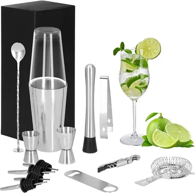 Image de SPRINGOS Shaker Set Cocktail Acier inoxydable 14 pièces Boston Shaker Gobelet en acier inoxydable Avec verre Set Bar Pour boissons mixtes Cadeau Cocktails les plus exotiques Shaker Pince à glace