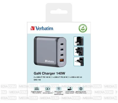 Produktbild von Verbatim GNC-140 GaN Charg. 140W 3xUSB-C PD, 1xUSB-A QC 3.0 32203