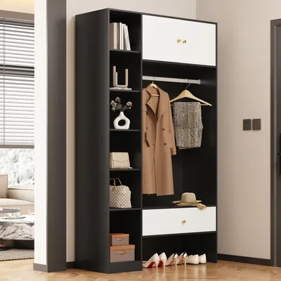 Immagine prodotto di Appendiabiti Merax, appendiabiti compatto per ingresso, set appendiabiti con 2 ante, 6 scomparti, asta appendiabiti e cassetto, 105×185×40 cm, nero + bianco